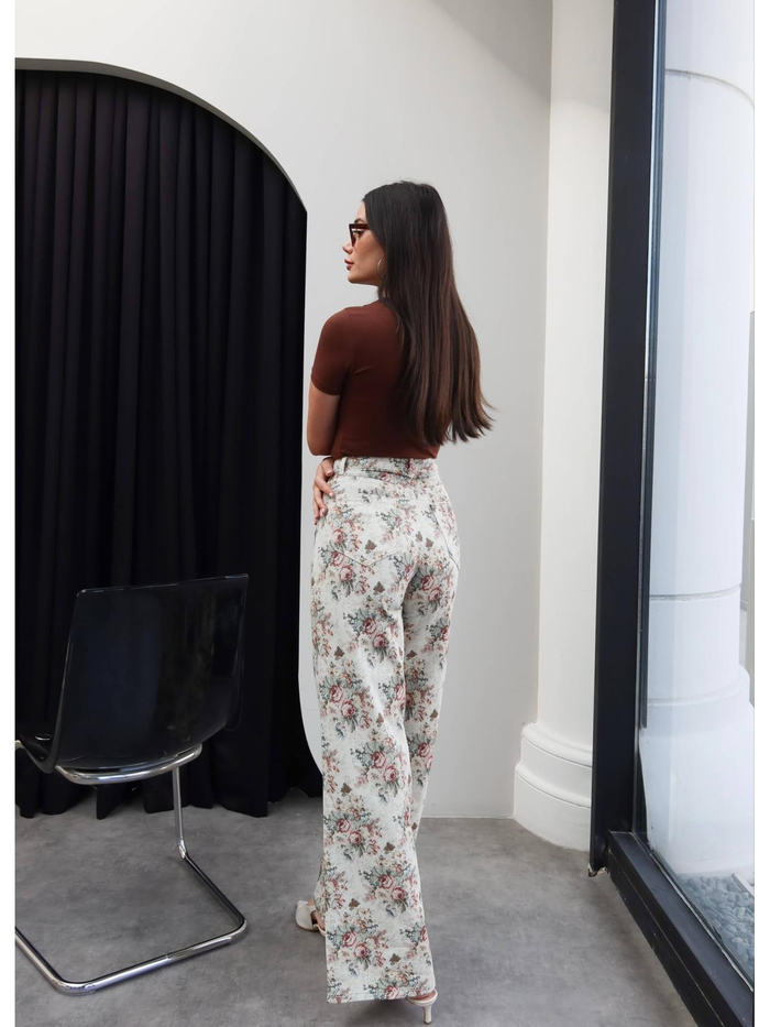 Çiçek Desen Yüksek Bel Wide Leg Jean
