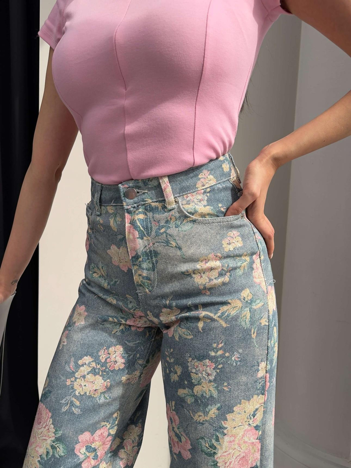 Çiçek Desen Yüksek Bel Wide Leg Jean