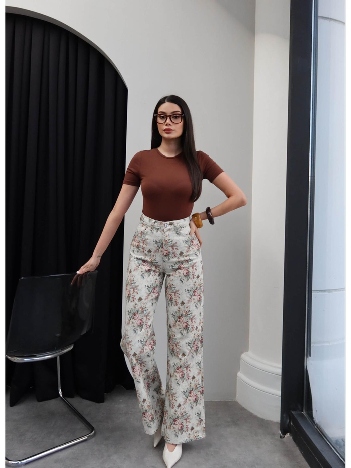 Çiçek Desen Yüksek Bel Wide Leg Jean