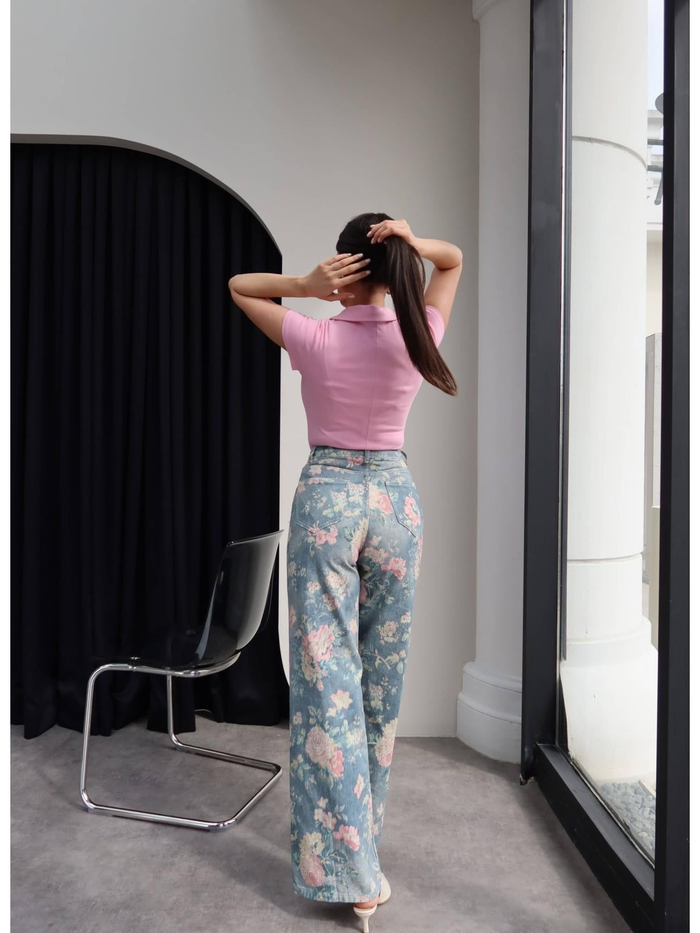Çiçek Desen Yüksek Bel Wide Leg Jean