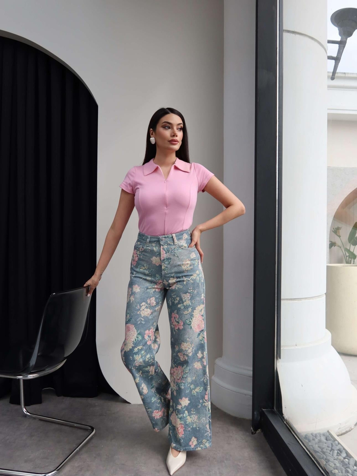 Çiçek Desen Yüksek Bel Wide Leg Jean