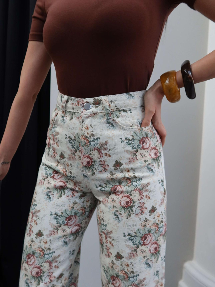 Çiçek Desen Yüksek Bel Wide Leg Jean