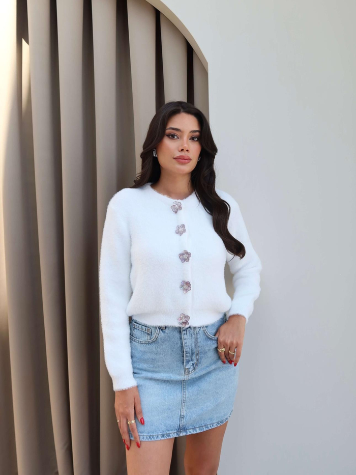 Çiçek Düğme Görünümlü Peluş Hırka