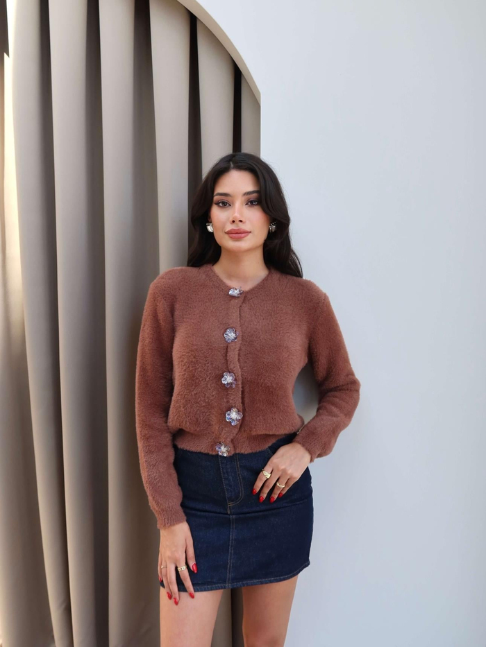 Çiçek Düğme Görünümlü Peluş Hırka