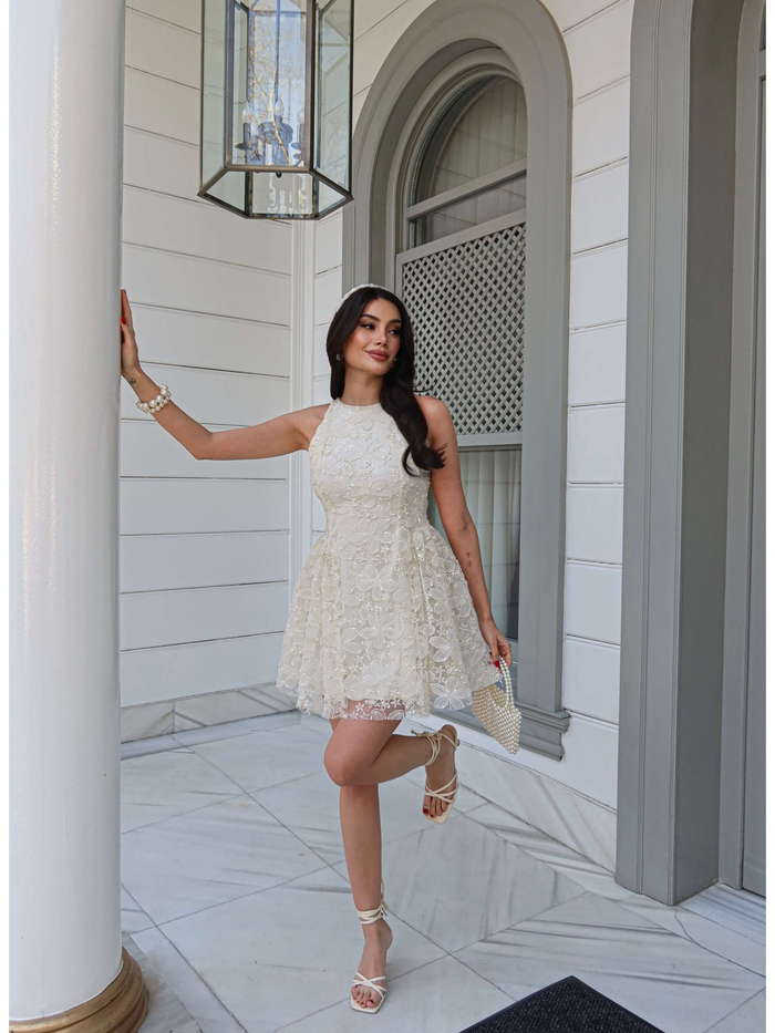 Çiçek İşlemeli Pullu Mini Elbise