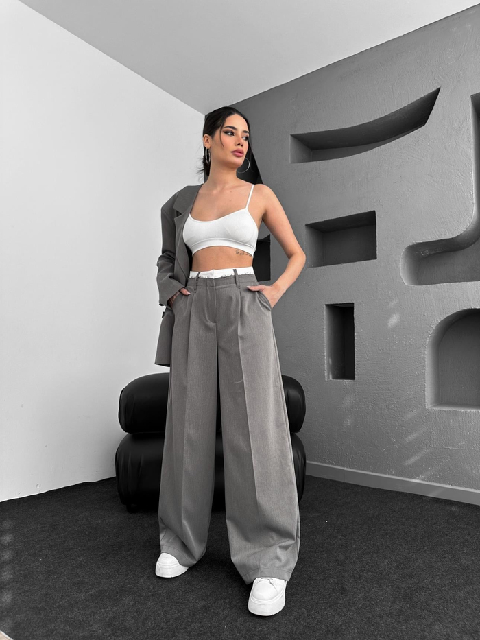 Çift Bel Bantlı Wide Leg Pantolon