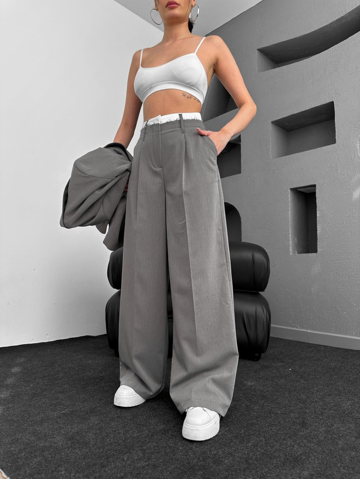 Çift Bel Bantlı Wide Leg Pantolon