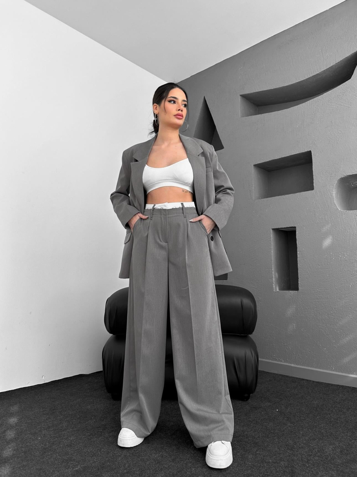 Çift Bel Bantlı Wide Leg Pantolon