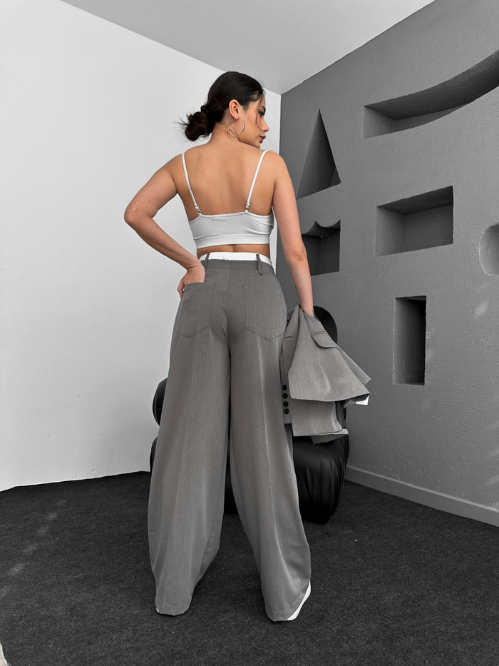 Çift Bel Bantlı Wide Leg Pantolon