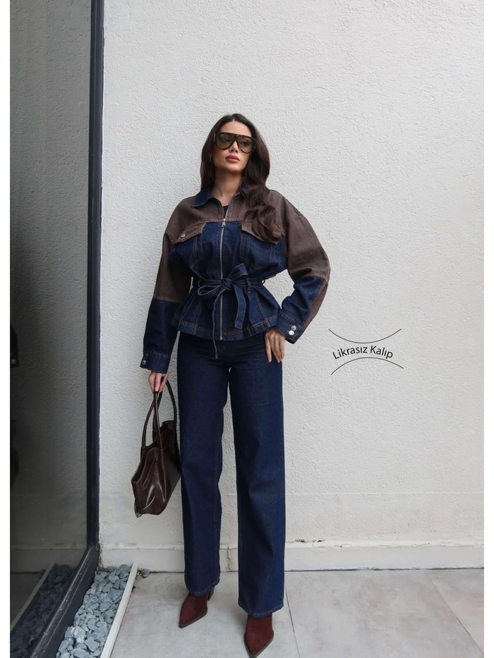 Çift Renk Denim Kuşaklı İkili Takım