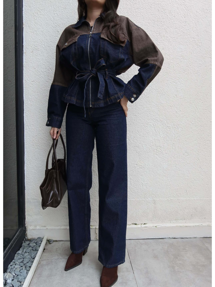 Çift Renk Denim Kuşaklı İkili Takım