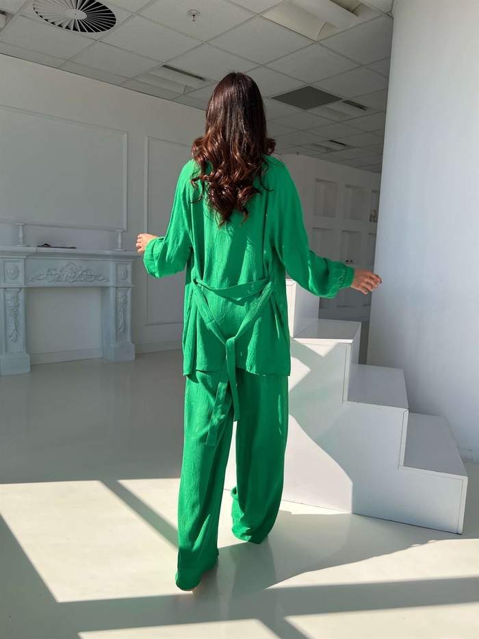 Çimen Yeşil Desenli Kimono Takım