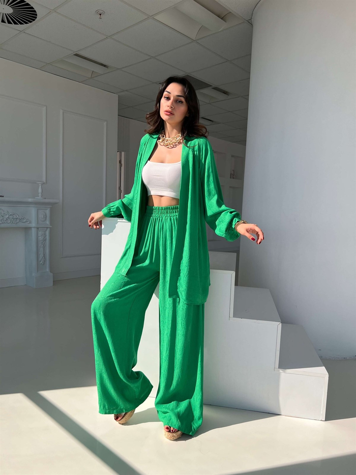Çimen Yeşil Desenli Kimono Takım