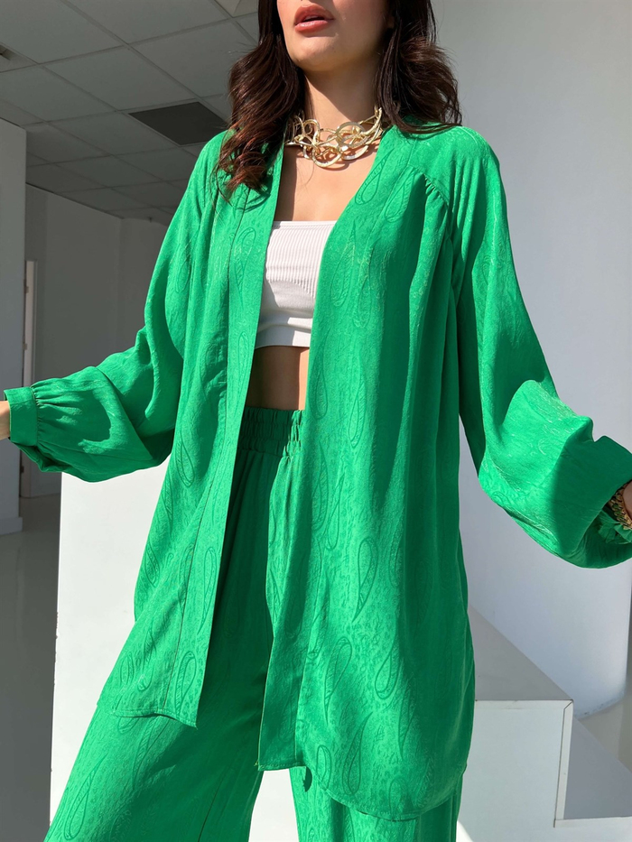 Çimen Yeşil Desenli Kimono Takım