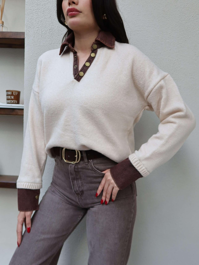 Çıtçıtlı Denim Detay Triko Kazak