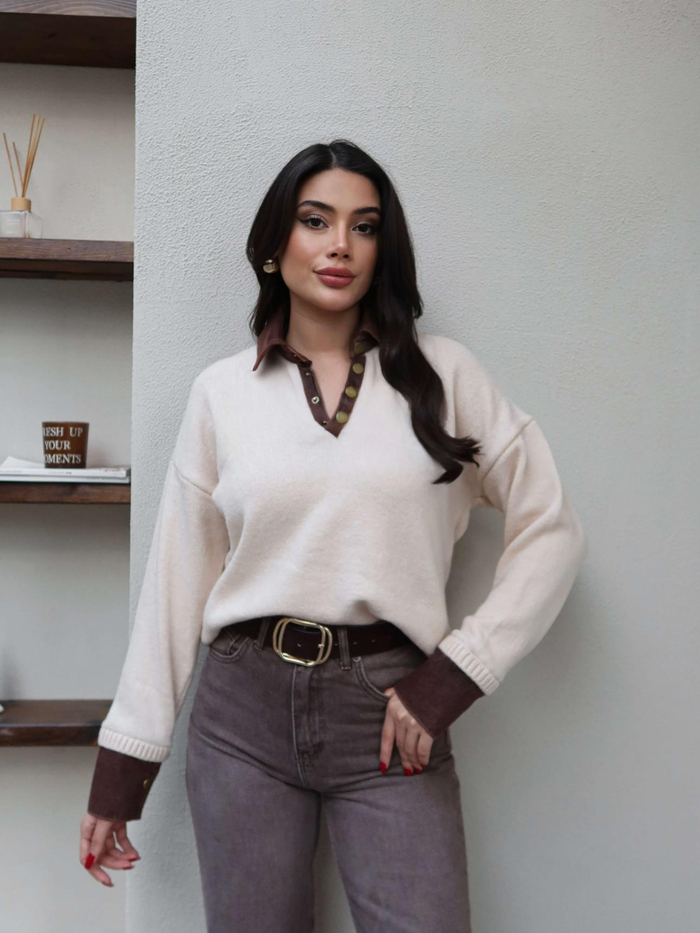 Çıtçıtlı Denim Detay Triko Kazak