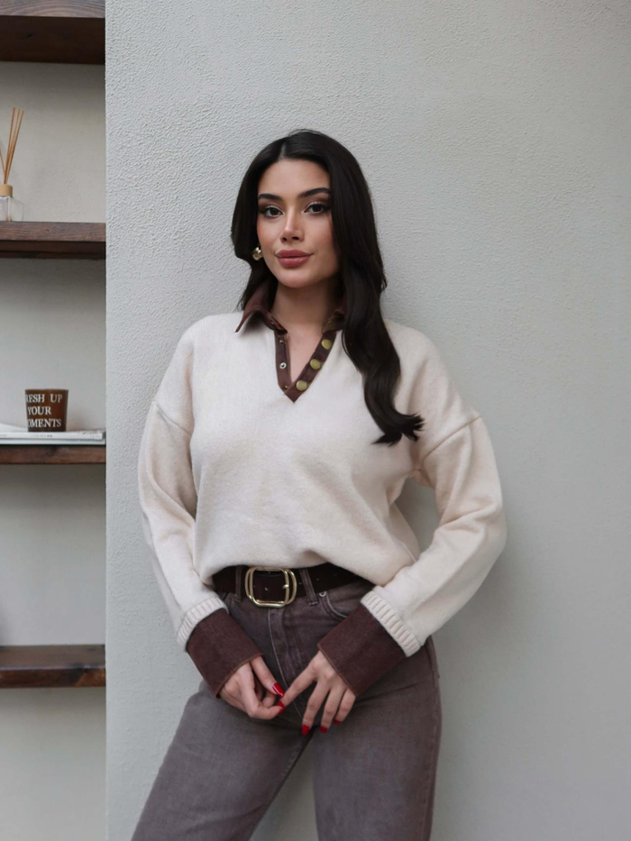 Çıtçıtlı Denim Detay Triko Kazak