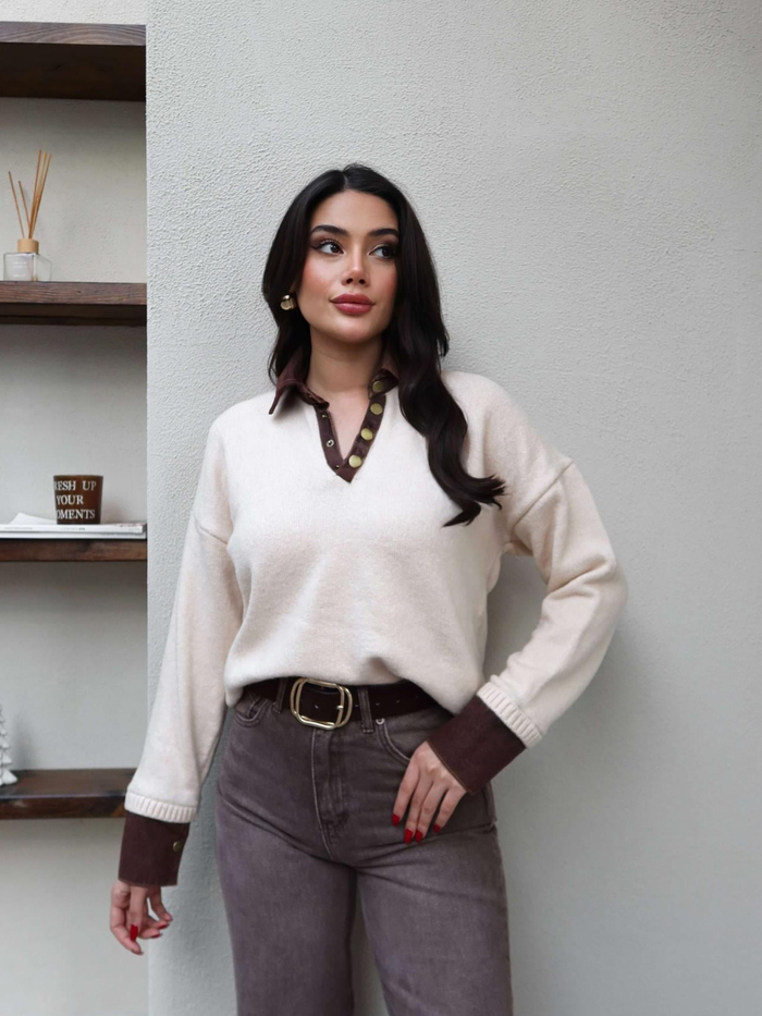 Çıtçıtlı Denim Detay Triko Kazak