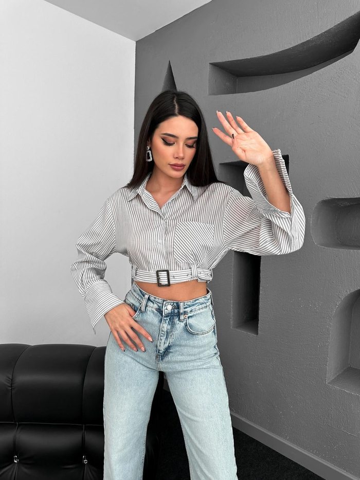 Çizgili Bel Kemerli Crop Gömlek