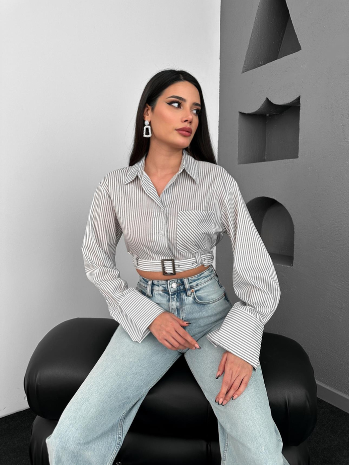 Çizgili Bel Kemerli Crop Gömlek