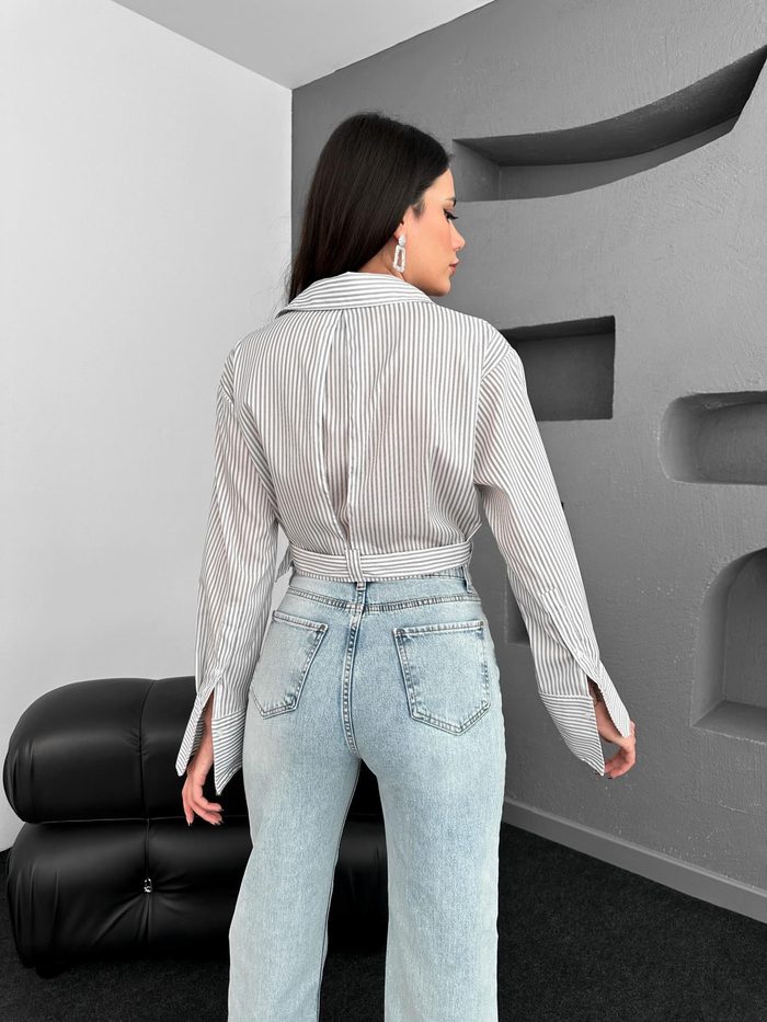 Çizgili Bel Kemerli Crop Gömlek