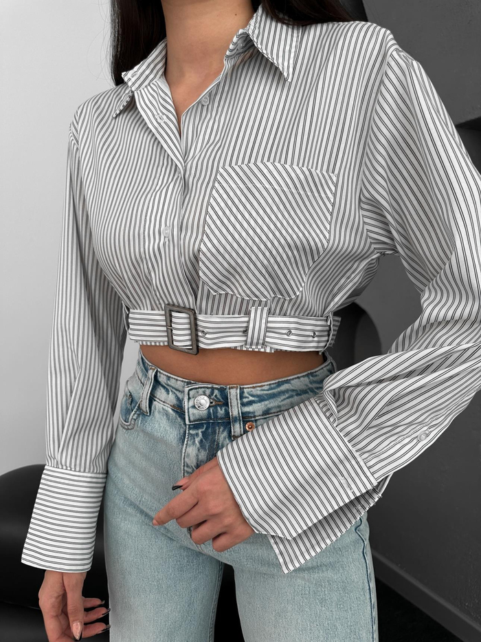 Çizgili Bel Kemerli Crop Gömlek