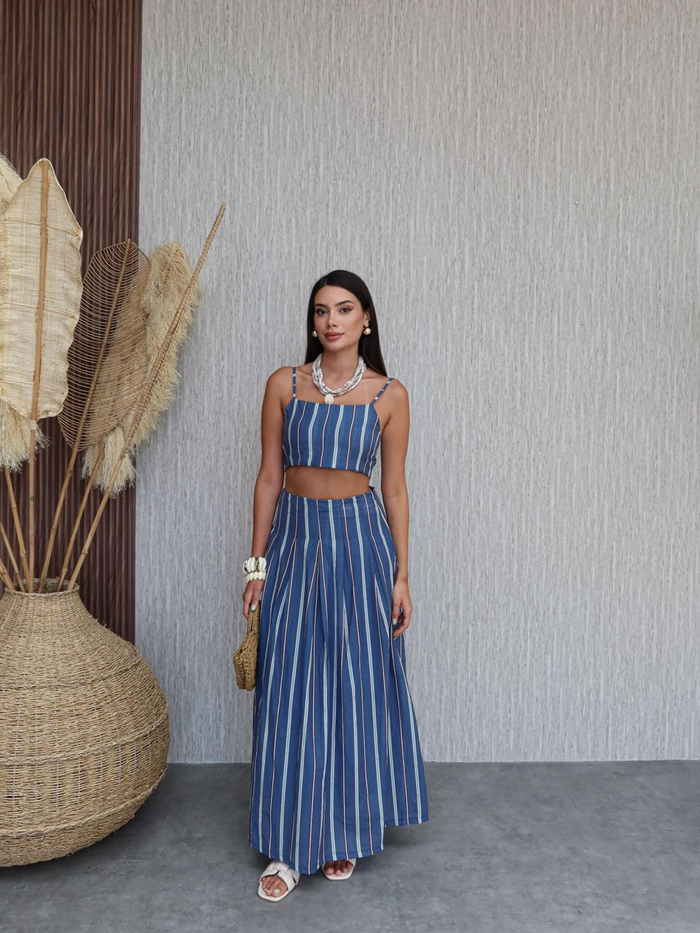 Çizgili Crop Etek Takım