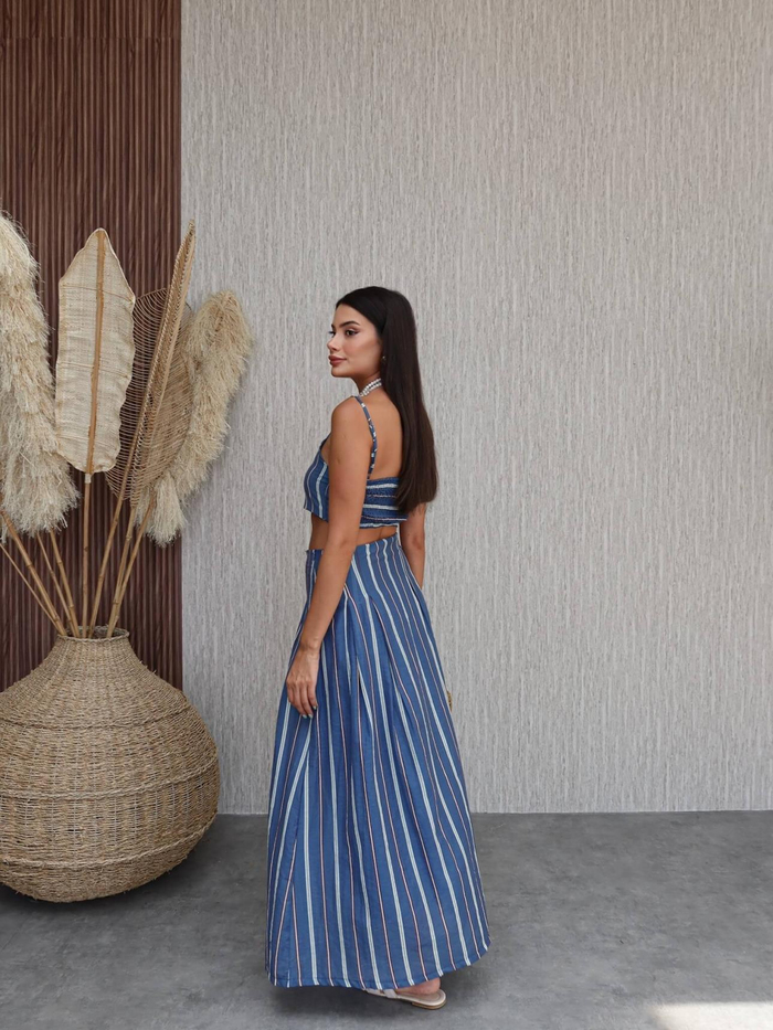 Çizgili Crop Etek Takım