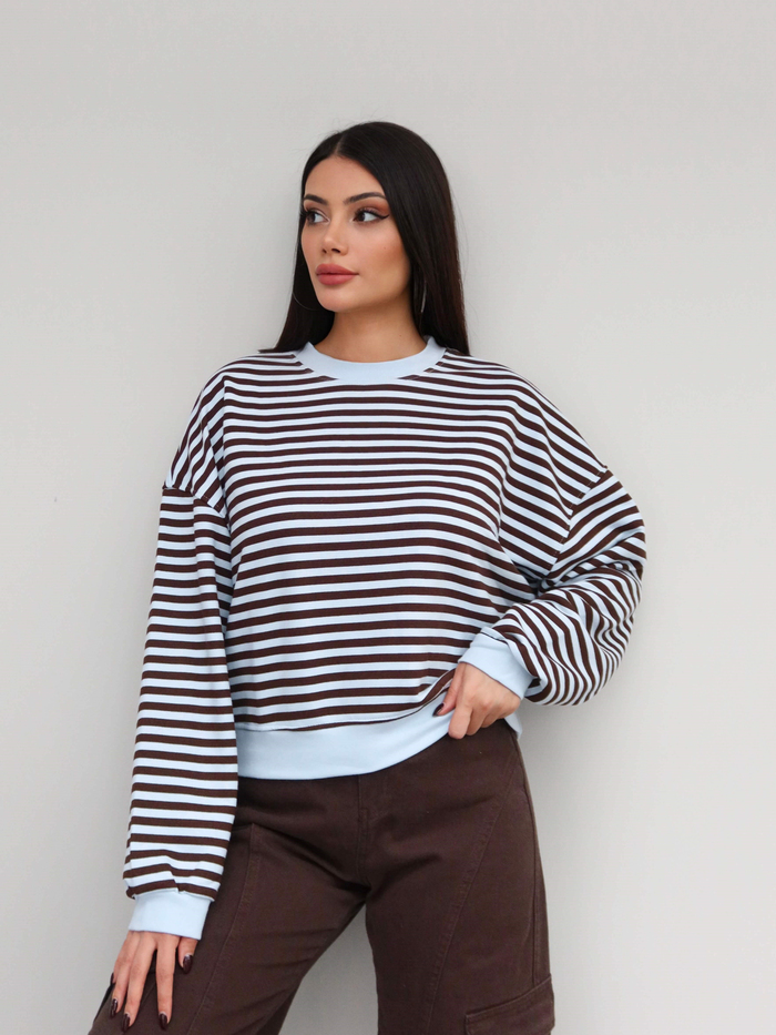 Çizgili Düşük Omuz Sweatshirt