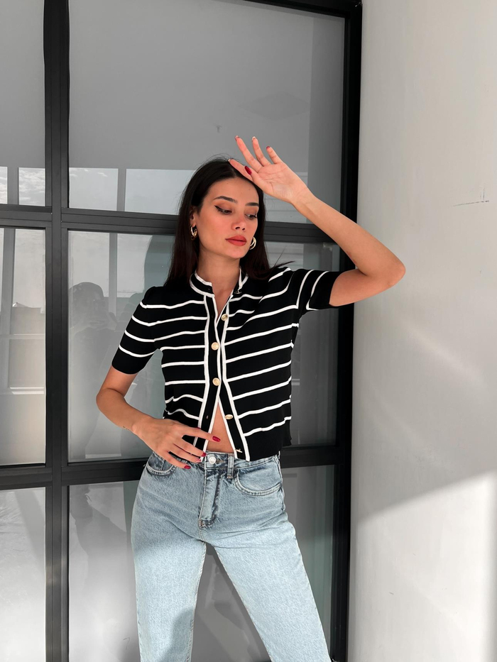 Çizgili Kısa Kollu Hırka