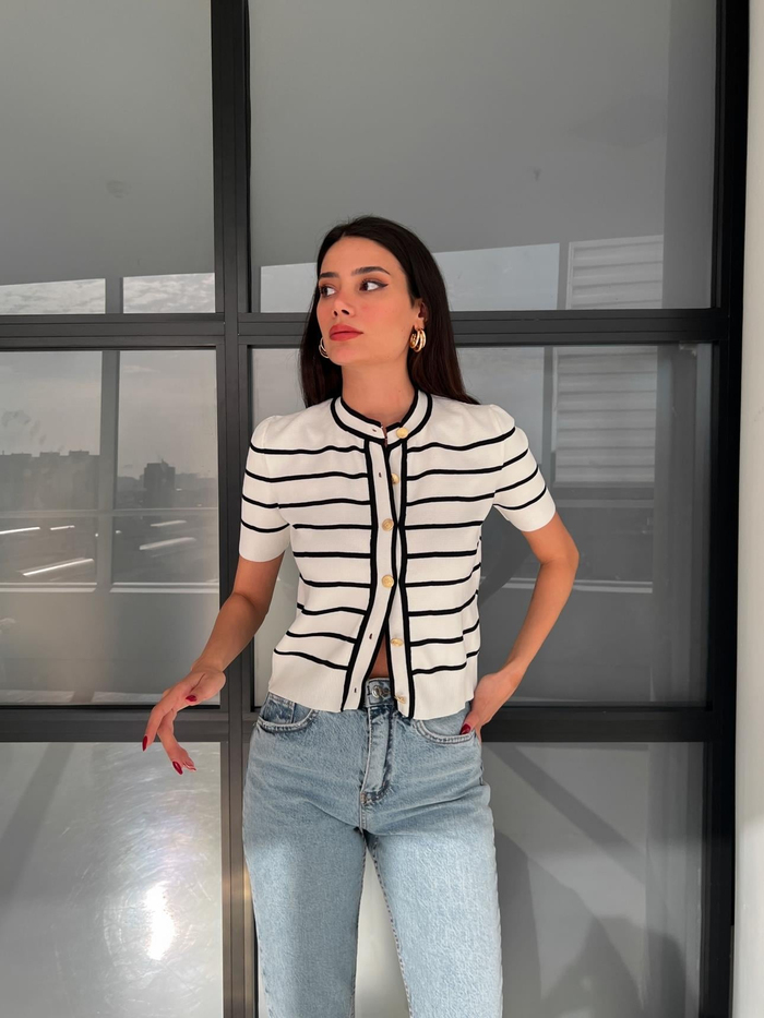Çizgili Kısa Kollu Hırka