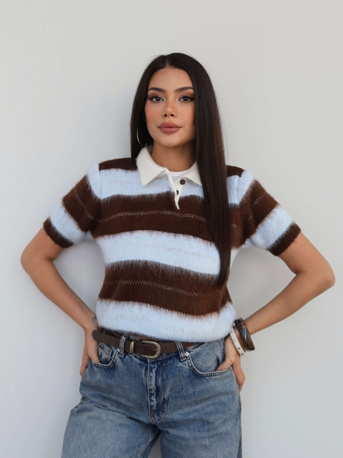 Çizgili Kısa Kollu Triko Kazak