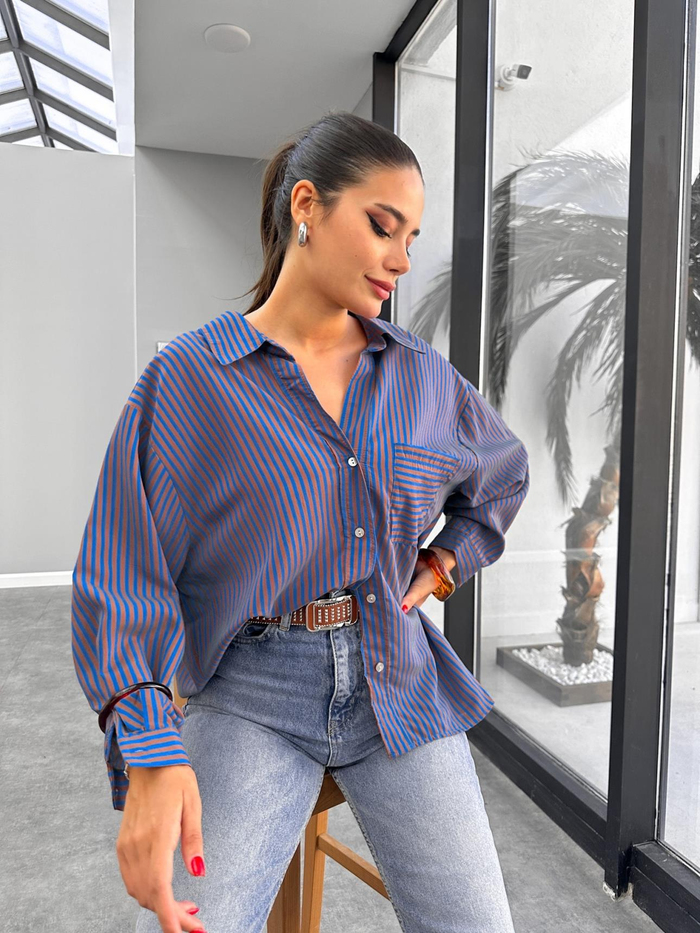 Çizgili Oversize Cepli Gömlek