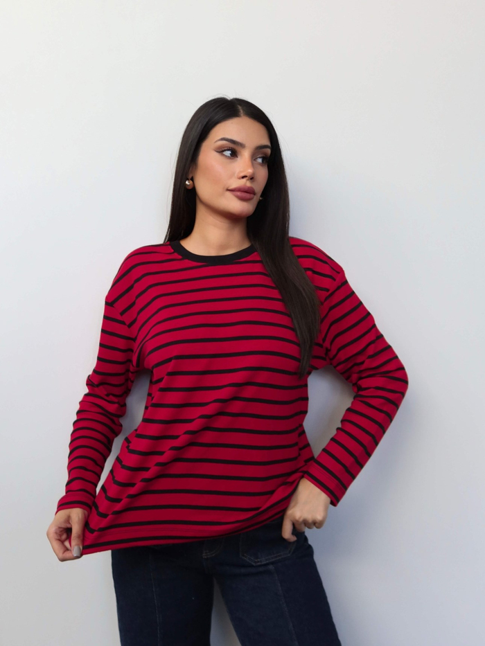 Çizgili Oversize Uzun Kollu Bluz