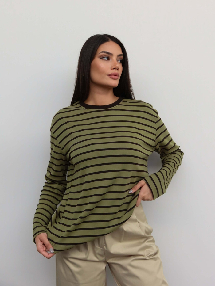 Çizgili Oversize Uzun Kollu Bluz