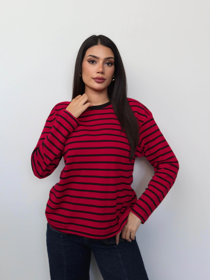 Çizgili Oversize Uzun Kollu Bluz