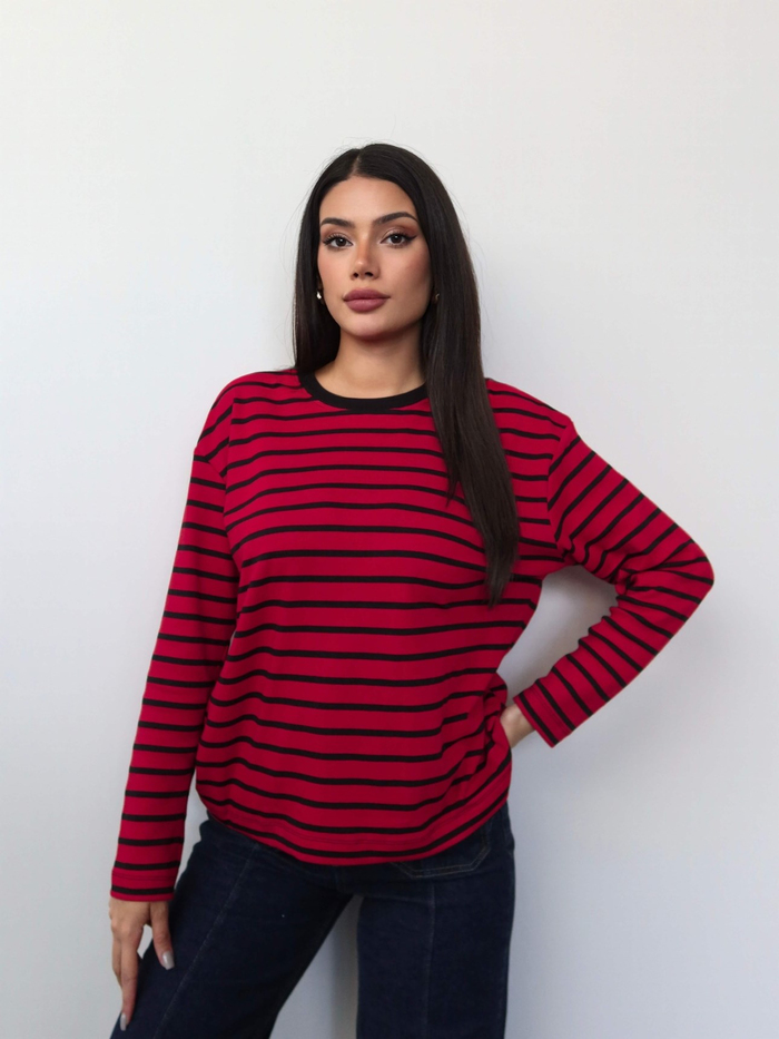 Çizgili Oversize Uzun Kollu Bluz