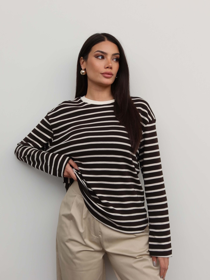 Çizgili Oversize Uzun Kollu Bluz