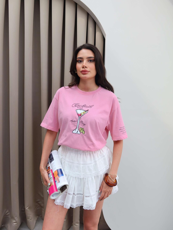 Cocktail Baskılı Oversize Tshirt