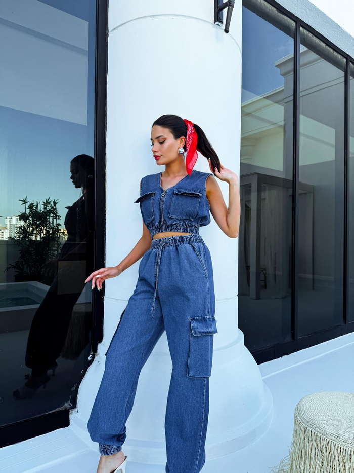 Corette Lastikli Crop Denim Takım