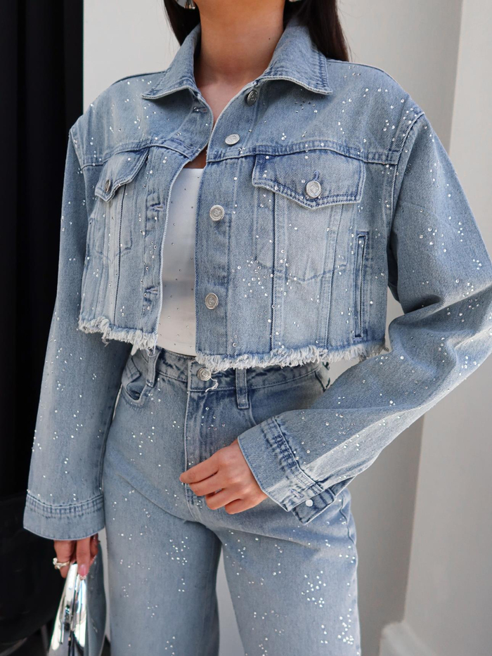 Dağınık Taşlı Denim Crop Ceket