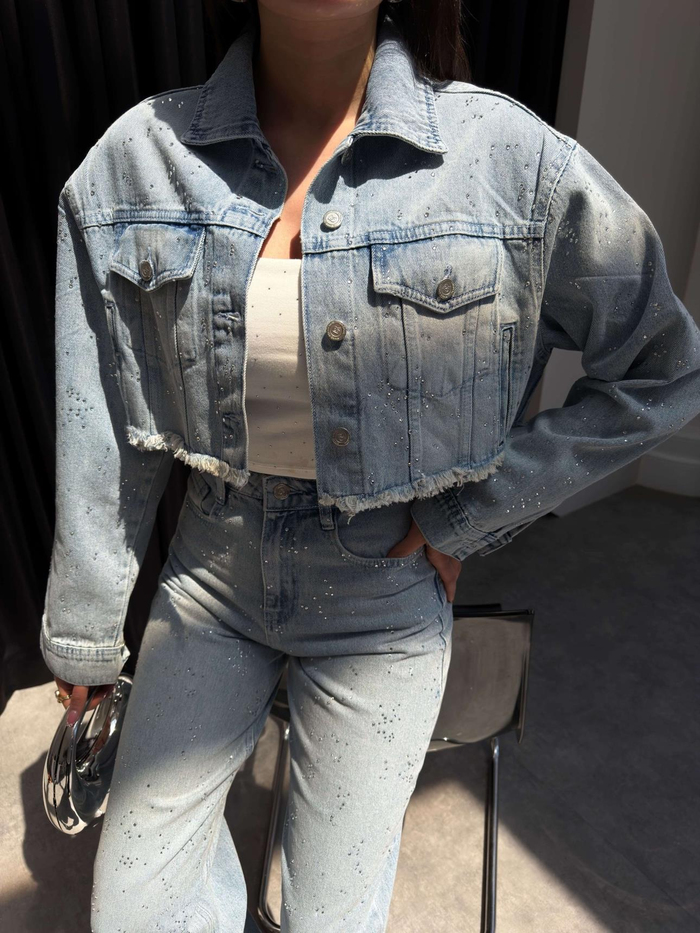 Dağınık Taşlı Denim Crop Ceket