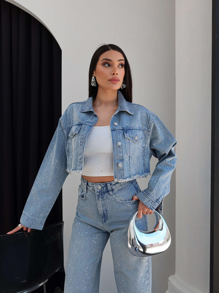 Dağınık Taşlı Denim Crop Ceket