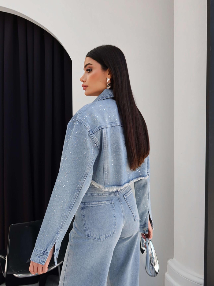 Dağınık Taşlı Denim Crop Ceket
