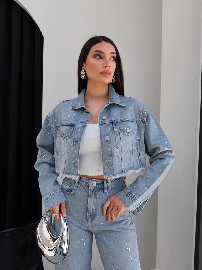 Dağınık Taşlı Denim Crop Ceket
