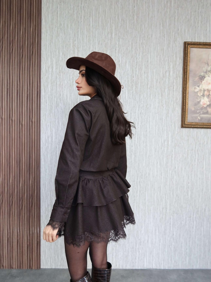 Dantel Detay Mini Denim Elbise