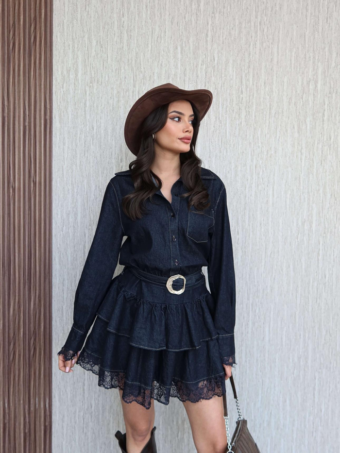 Dantel Detay Mini Denim Elbise