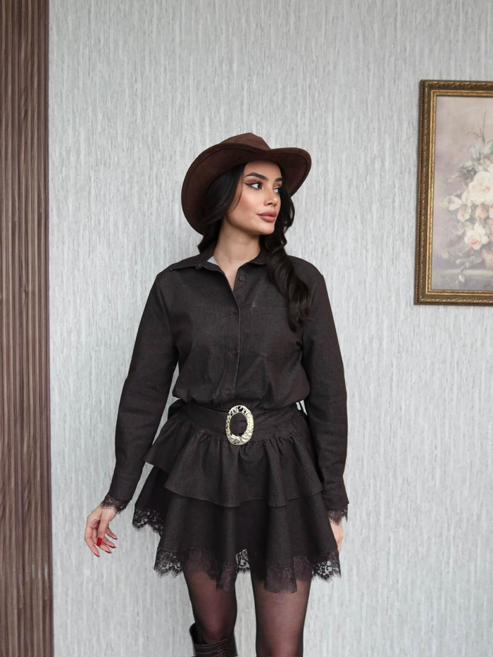 Dantel Detay Mini Denim Elbise