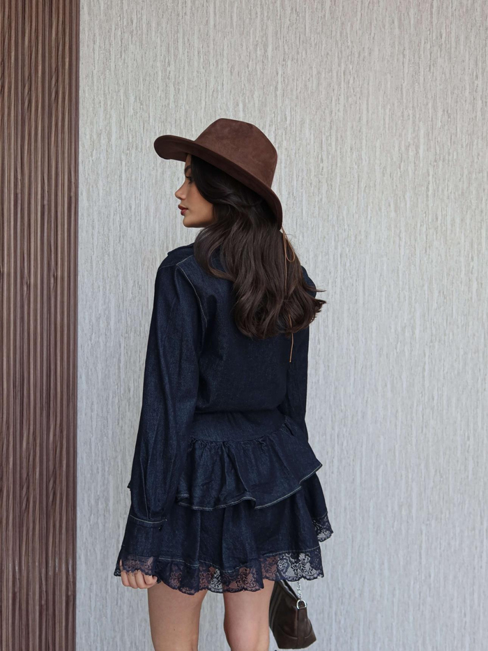 Dantel Detay Mini Denim Elbise