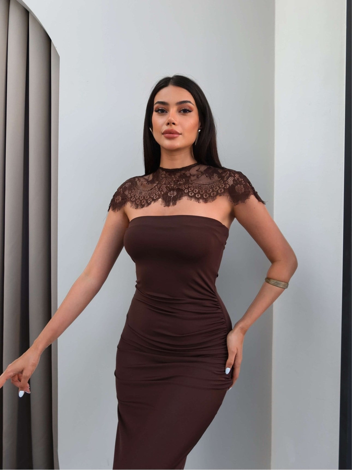Dantel Pelerinli Straplez Elbise